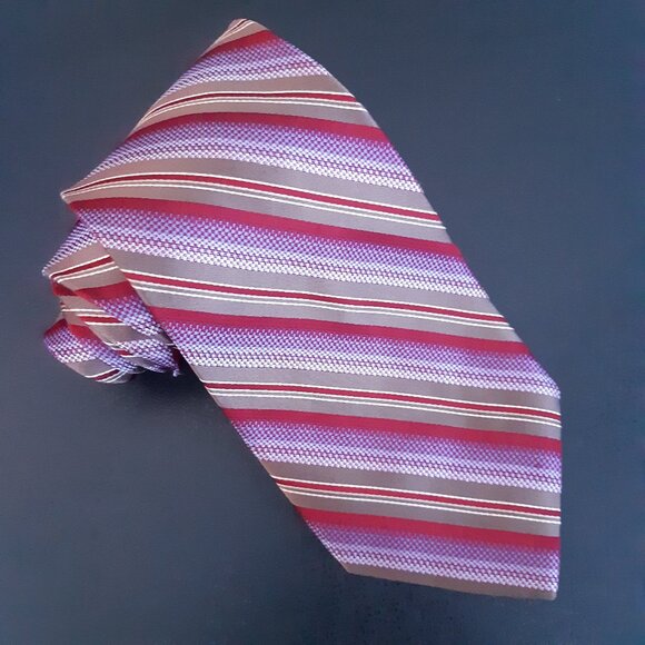 Bovet 100% Silk Diagonal Stripe Tie, Taupe, Maroon Red, Mauve & White - Picture 1 of 11